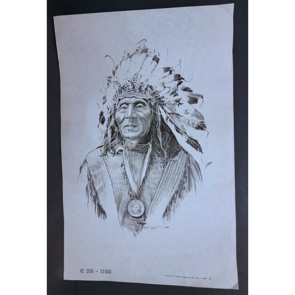 Vtg 1972 Bob Dale's Drawing Print He Dog-Sioux Native American Signed 11 x 17